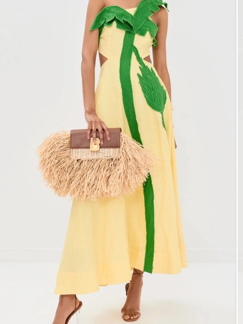 FARM Rio Yellow Maxi Dress with Green Leaf Appliqué